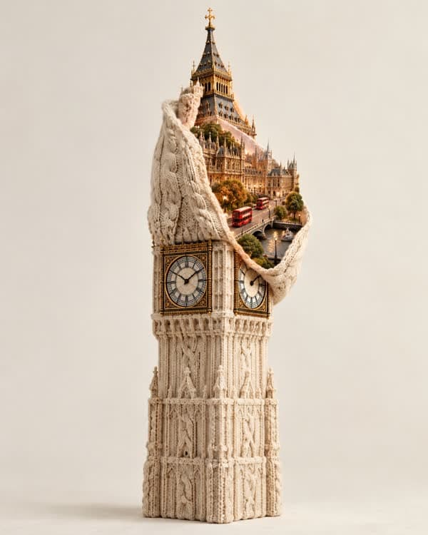 Big Ben as a knitted textile sculpture