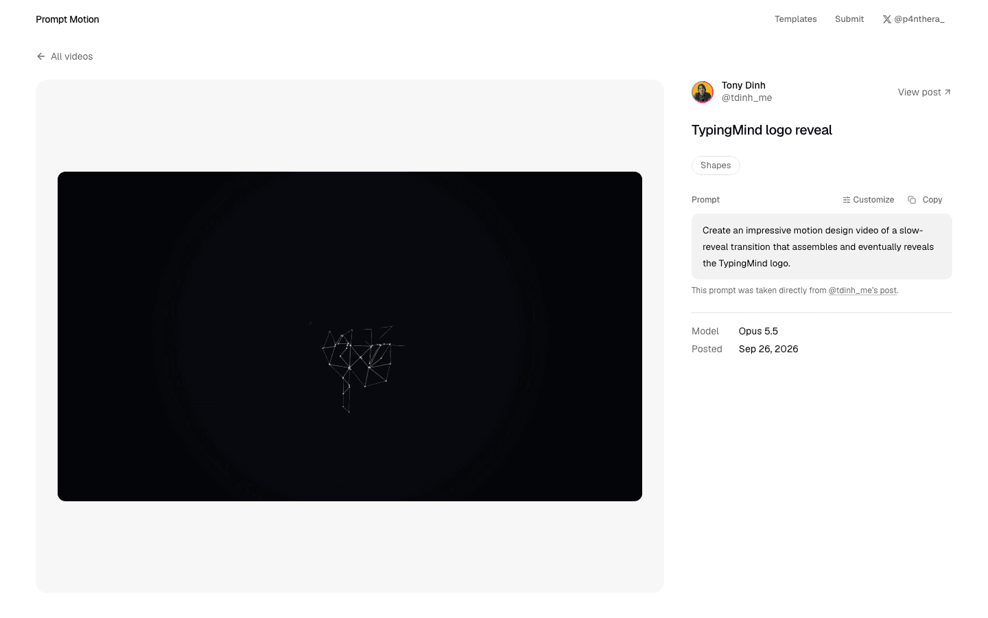 A Prompt Motion entry with the prompt and Copy button next to the video