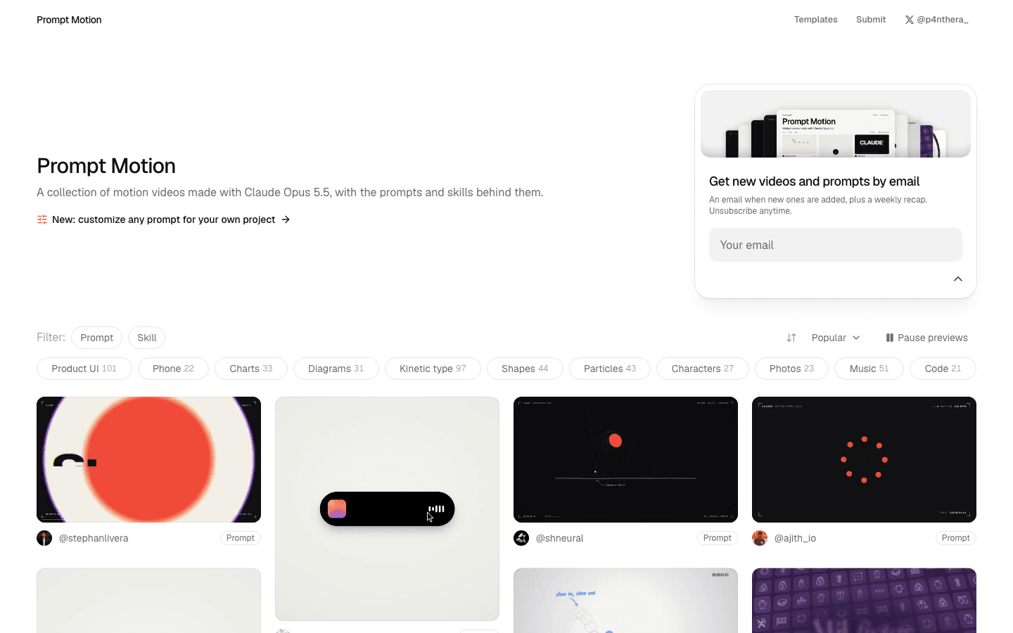 The Prompt Motion gallery of animations made with Claude